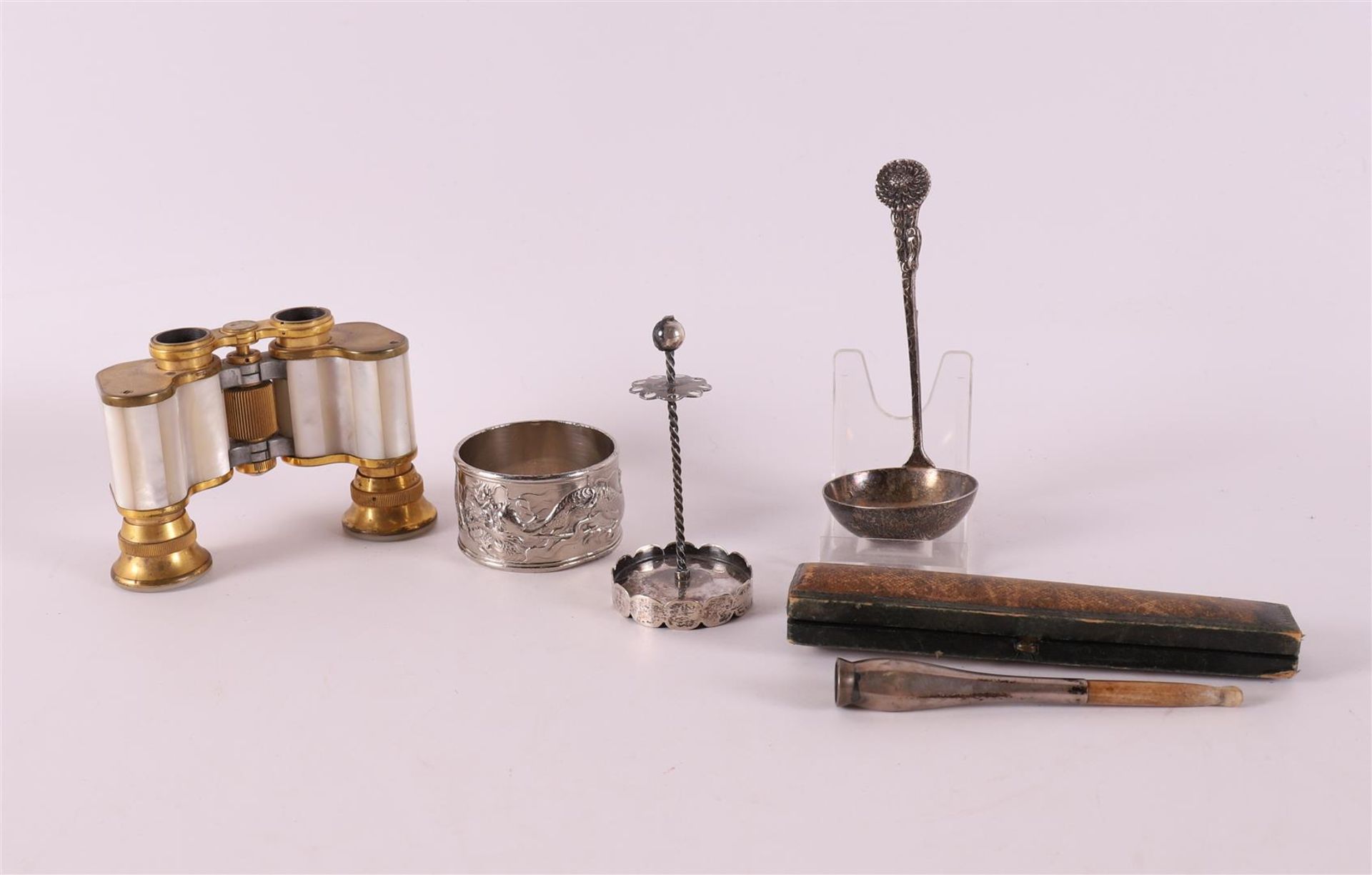 A lot of miscellaneous, including opera glasses and silver miniature pipe chafin