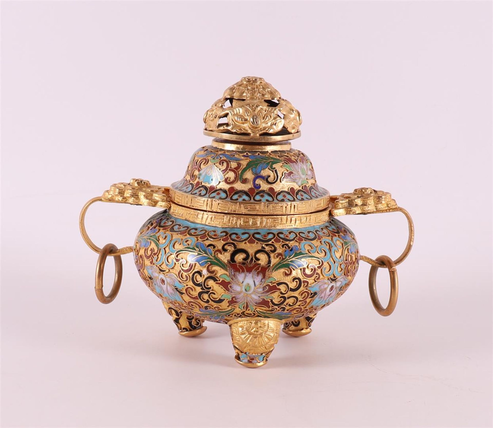 A partly pierced cloisonné koro with horizontal ringed ears, China