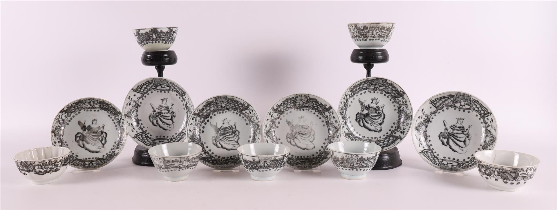 A series of six encre de Chine cups and saucers, China, Qianlong 18th century.