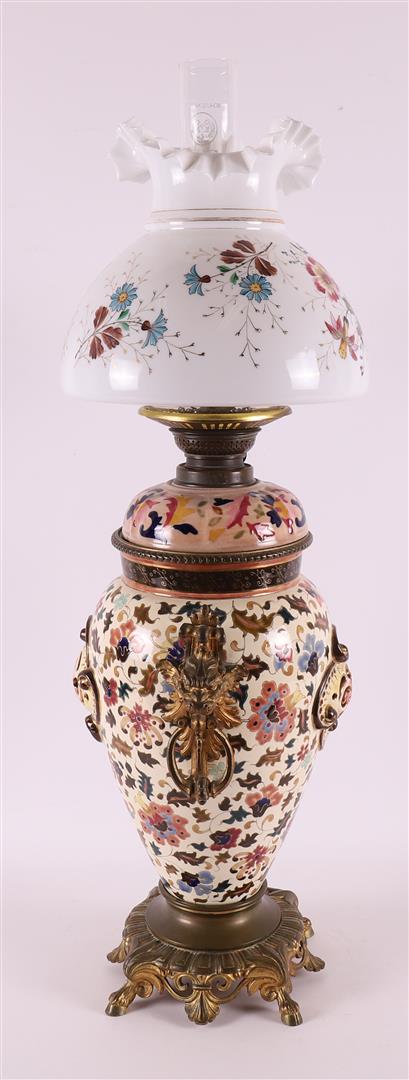 A white metal and earthenware table lamp with frosted glass shade, late 19th cen - Image 2 of 6