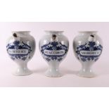 Three Delft blue pottery apothecary syrup jars, Holland mid 18th century.