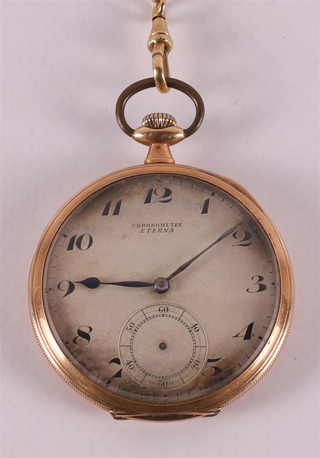 An Eterna men's vest pocket watch in 14 kt yellow gold engraved case with chain - Image 2 of 4