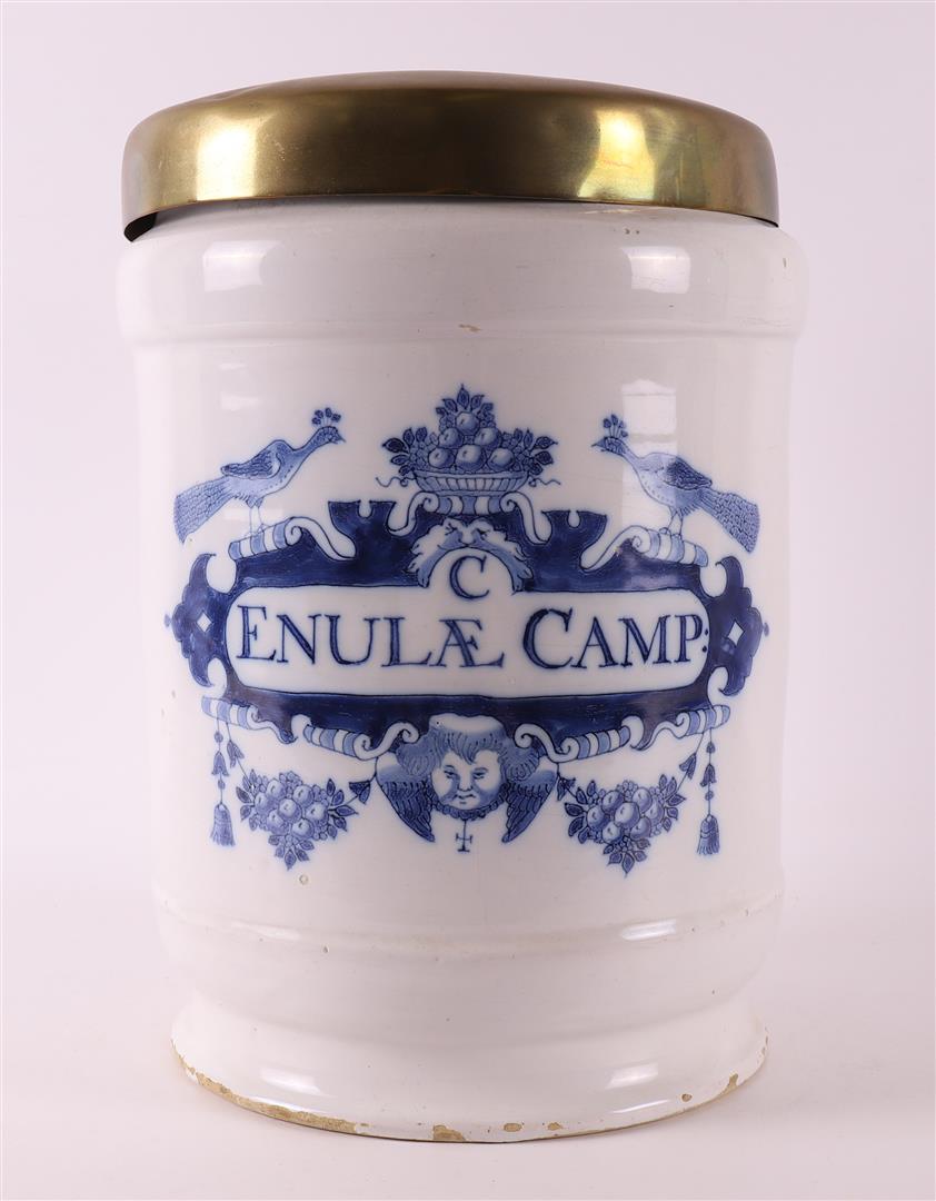 A Delft blue pottery apothecary jar 'Enulae Camp', Holland 18th century.