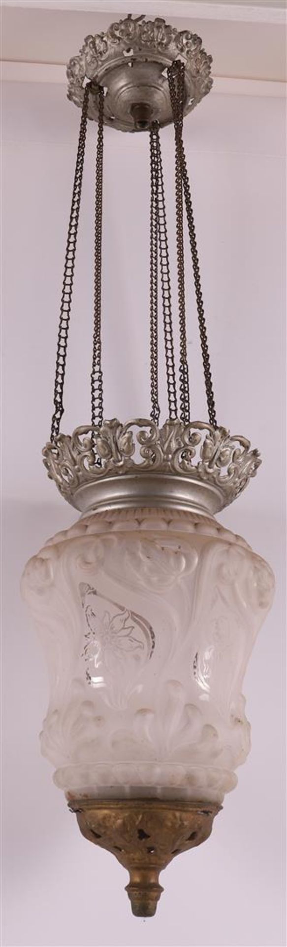 A satin glass hall lamp with metal frame, 19th century.