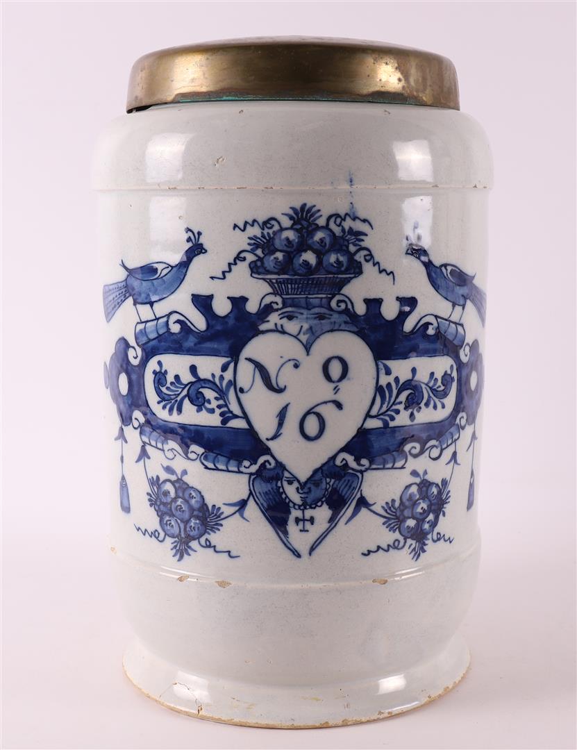 A Delft blue pottery albarello apothecary jar with brass lid, 18th century.