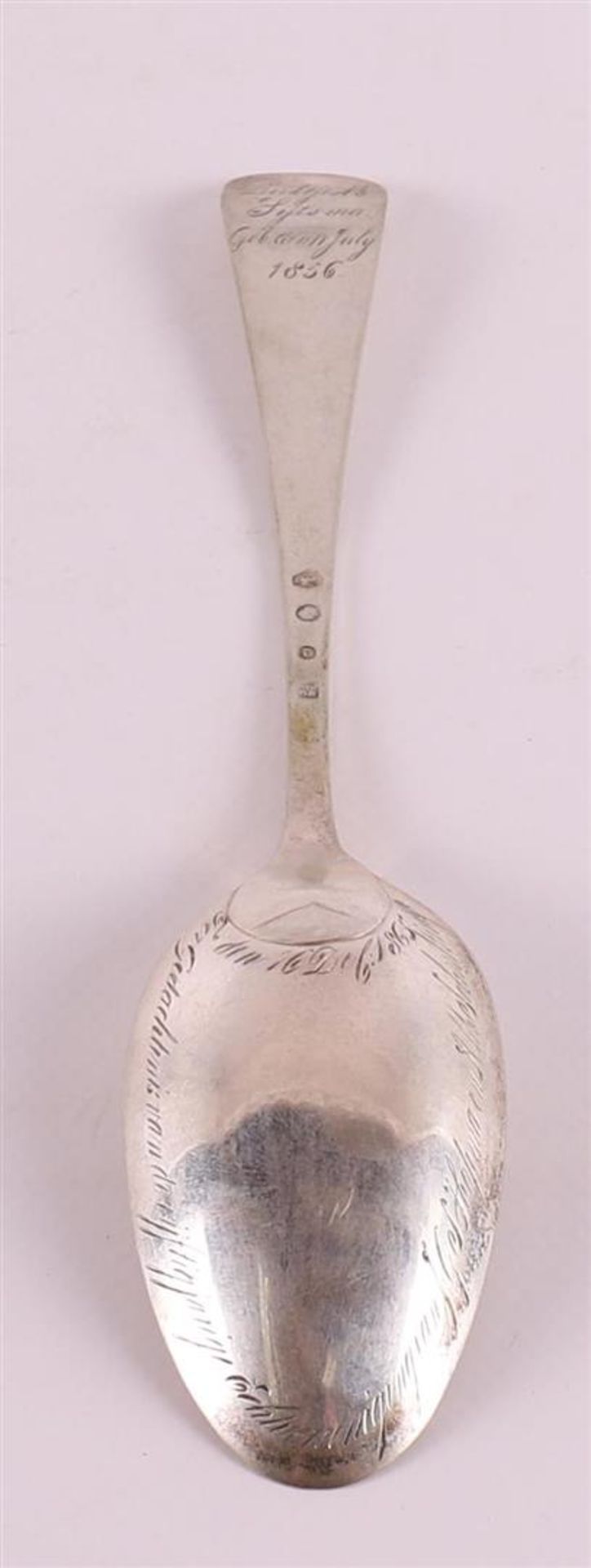 A silver memorial spoon with text, Harmannus Oving, Groningen, 19th century. - Image 3 of 3