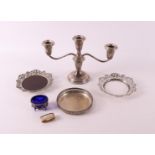 A lot of various silver, including plaster-filled candlestick, salt shaker and c