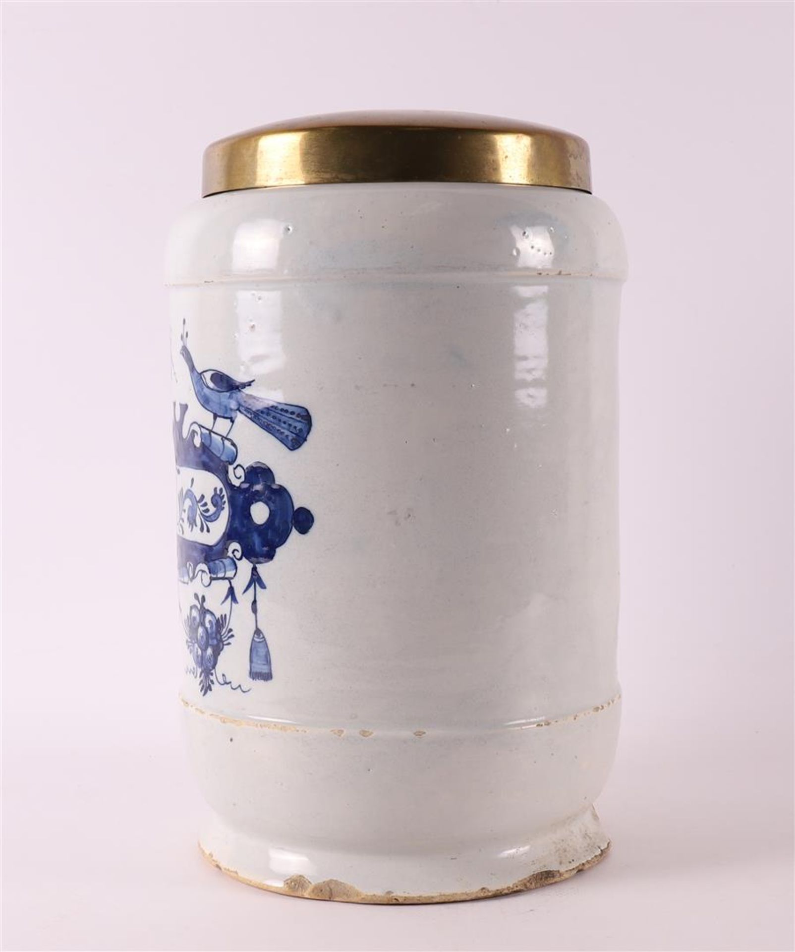 A Delft blue pottery apothecary jar with brass lid, Holland 18th century. - Image 2 of 12