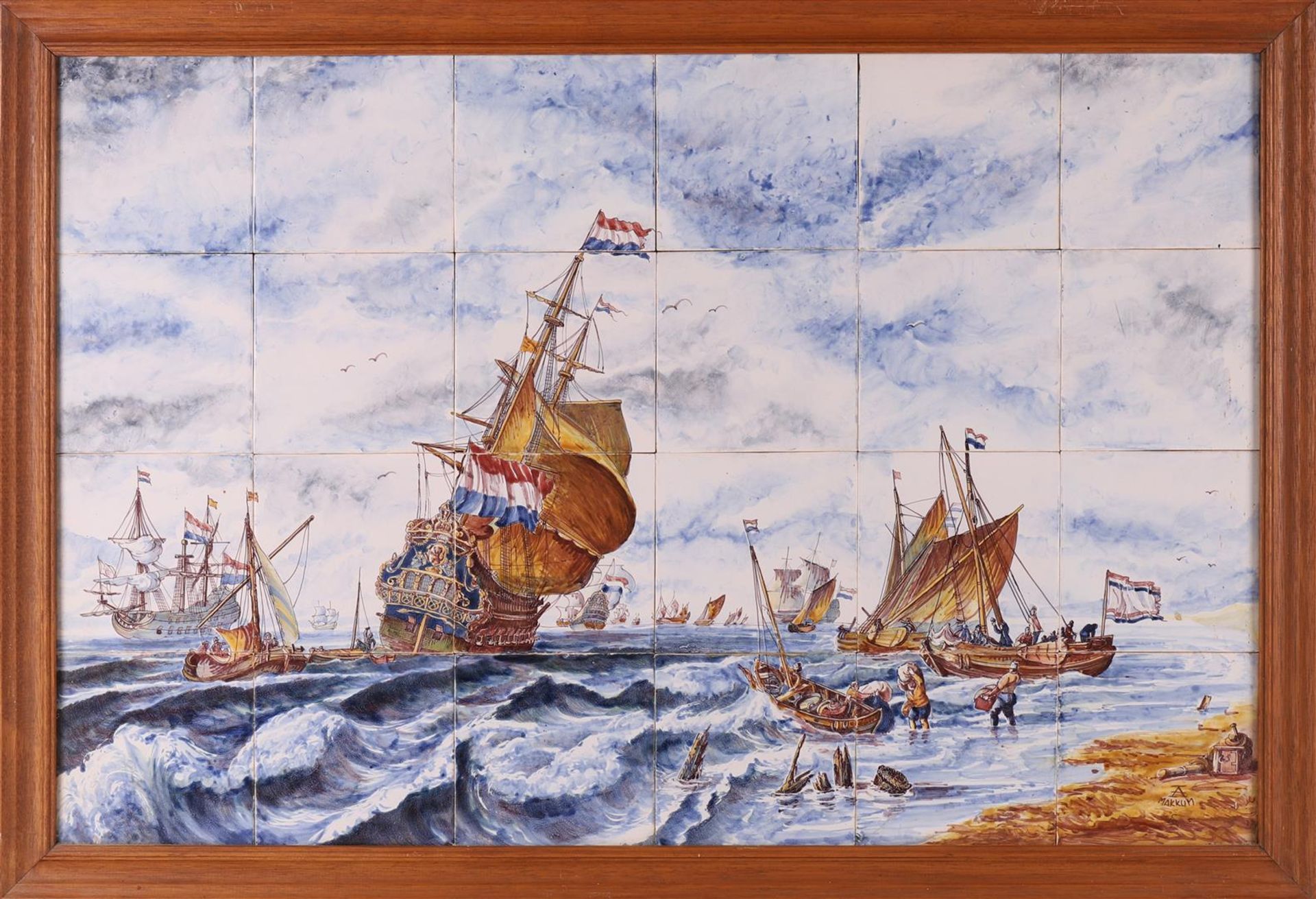 A 24-pass earthenware tile tableau of Dutch shipping, Makkum, 20th century.