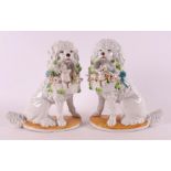 A pair of white porcelain sitting poodles with basket, Germany, 19th century.