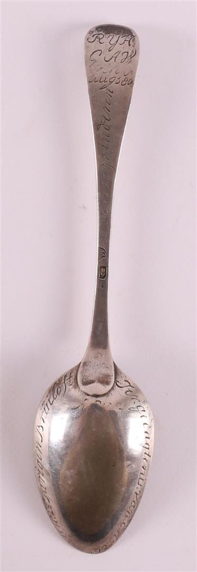 A silver memorial spoon with text, Groningen, year letter 1797/98. - Image 2 of 4