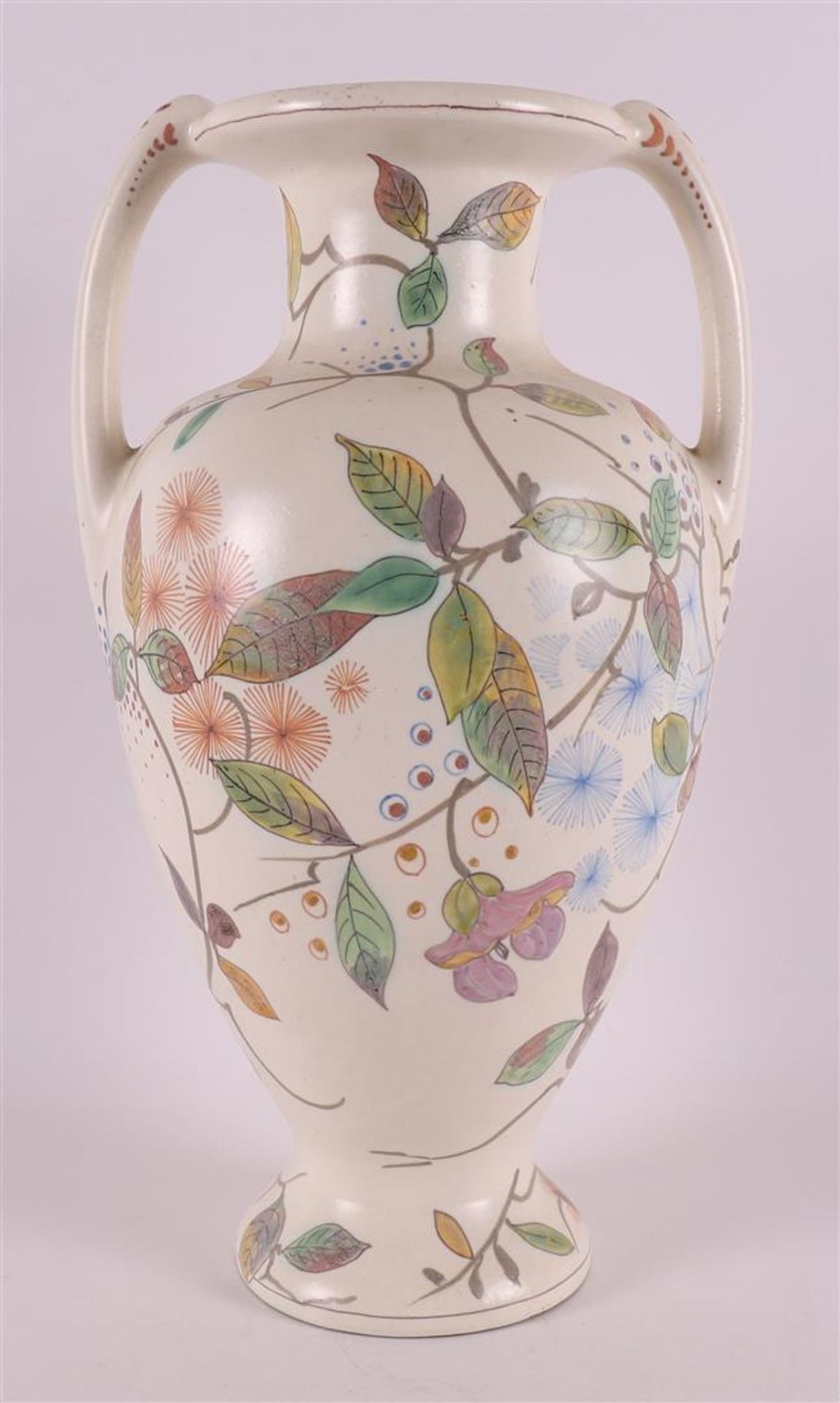 A pottery baluster-shaped vase with handles, ca. 1915.