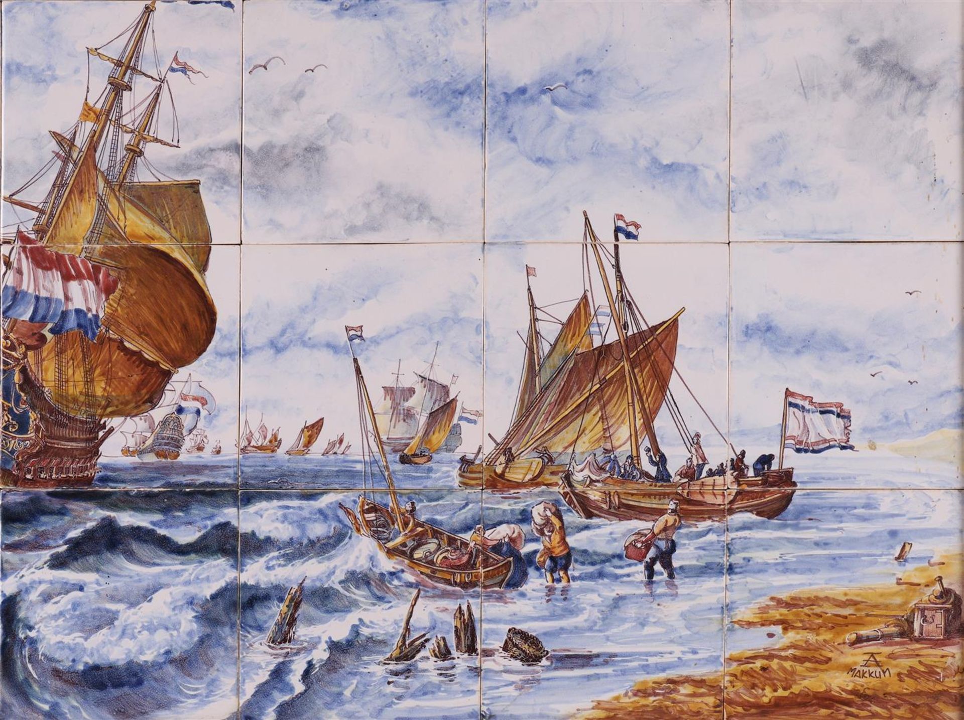 A 24-pass earthenware tile tableau of Dutch shipping, Makkum, 20th century. - Image 5 of 5