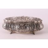 A silver spoon box with relief decoration of 17th century scene and leaf motifs