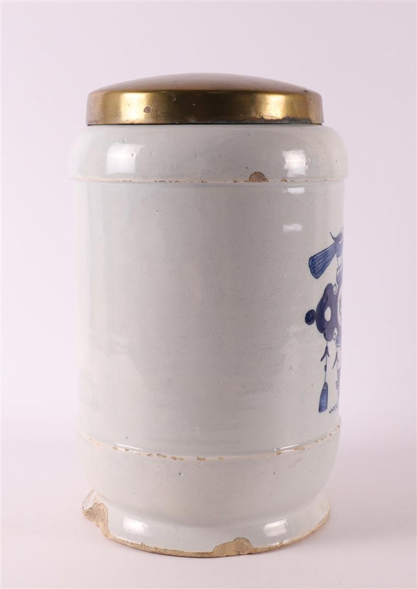 A Delft blue pottery apothecary jar with brass lid, Holland 18th century. - Image 5 of 12