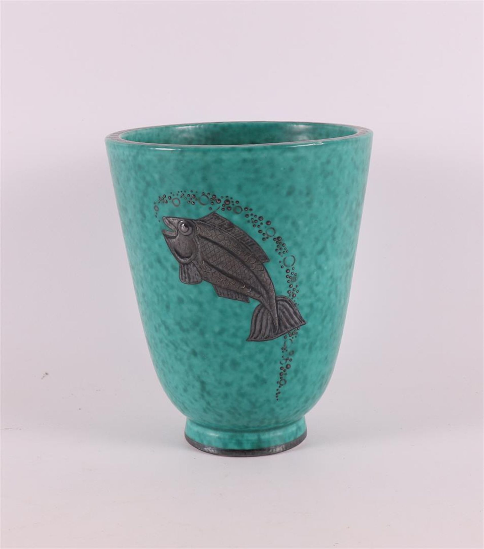A green glazed vase with fish appliqué, Sweden mid 20th century.