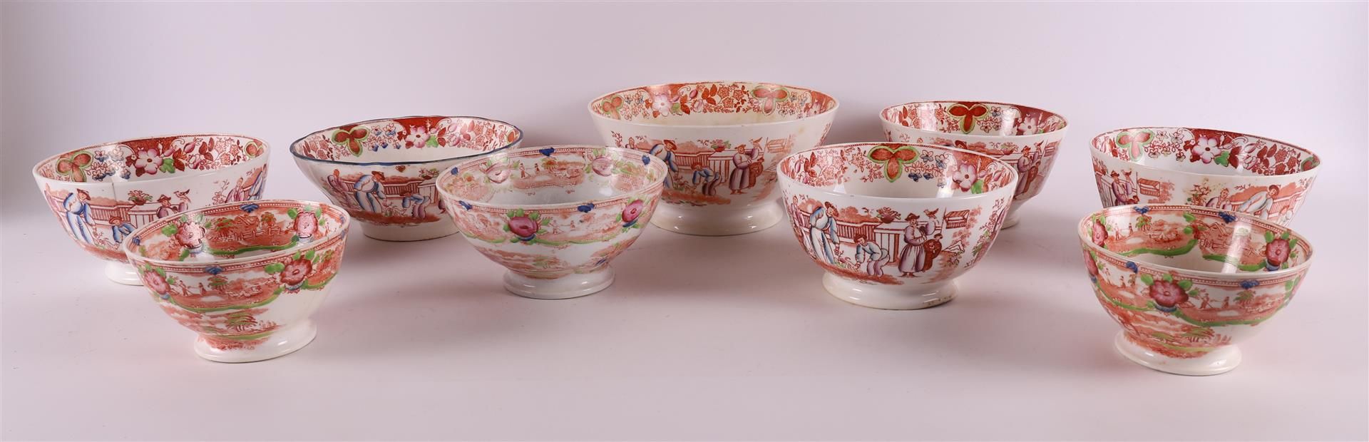 A lot of various earthenware cupboard bowls, including Chinoise transfer decor, 