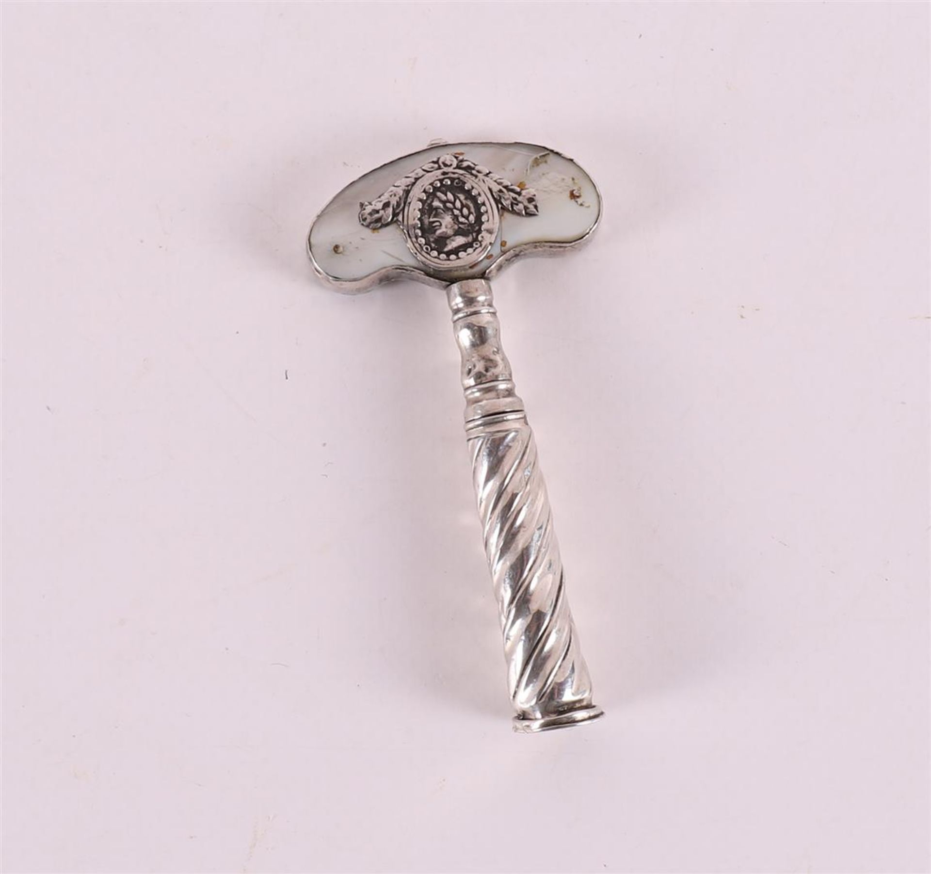A 2nd grade silver corkscrew with twisted sleeve and inlaid with mother-of-pearl