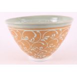 A celadon/terra porcelain conical bowl on a base ring, modern/contemporary,