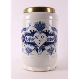 A Delft blue pottery apothecary jar with brass lid, Holland 18th century.