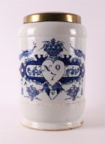 A Delft blue pottery apothecary jar with brass lid, Holland 18th century.