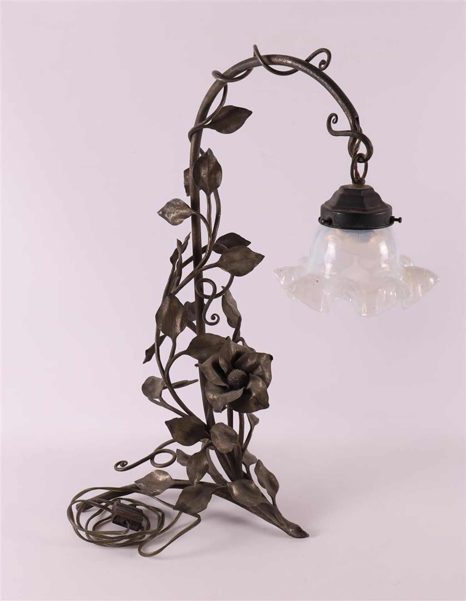 A wrought iron table lamp with glass shade, France, ca. 1930. - Image 2 of 2