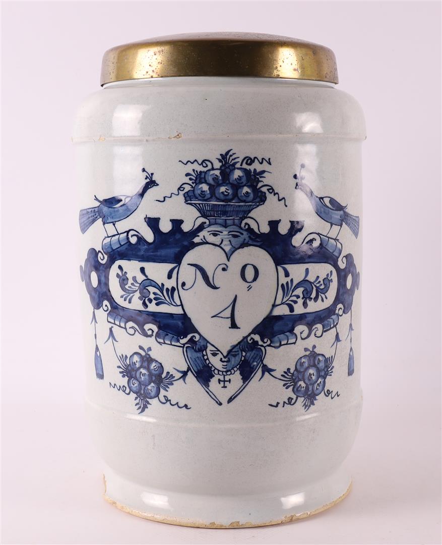 A Delft blue pottery albarello apothecary jar with brass lid, 18th century.