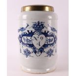 A Delft blue pottery albarello apothecary jar with brass lid, 18th century.