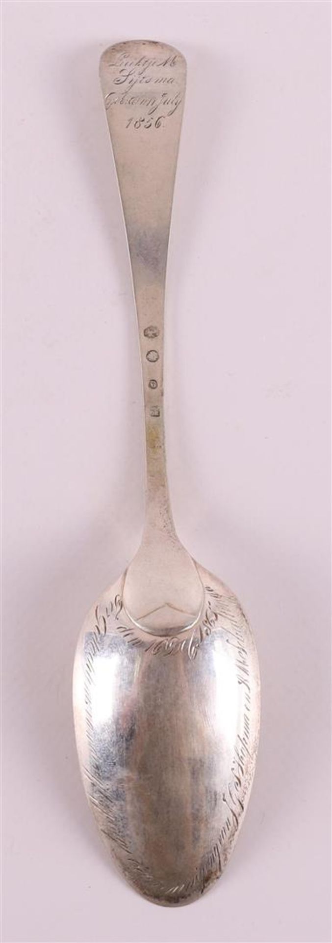 A silver memorial spoon with text, Harmannus Oving, Groningen, 19th century. - Image 2 of 3