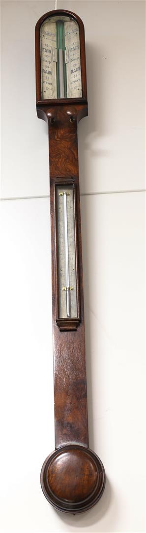 A stick barometer in burl walnut glued wooden case, England, 19th century.