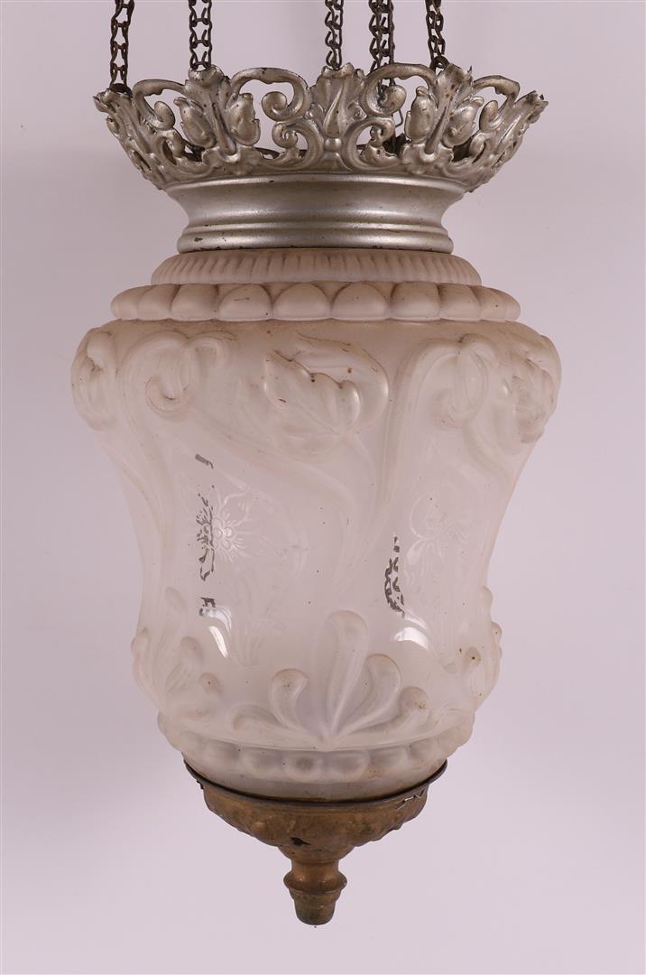 A satin glass hall lamp with metal frame, 19th century. - Image 2 of 2