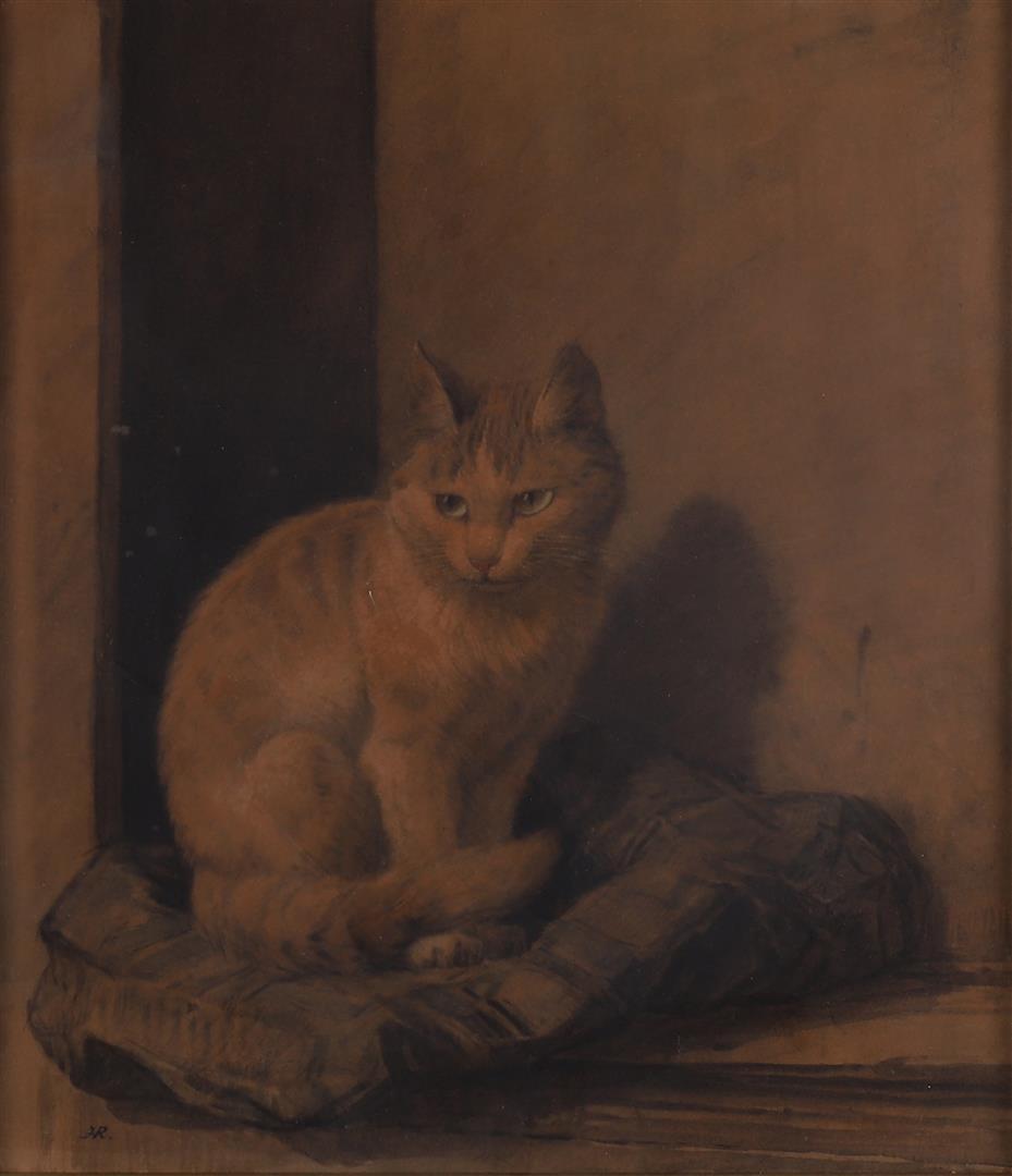 Ronner-Knip, Henriëtte 1821 - 1909) 'Sitting cat on a cushion' - Image 2 of 5