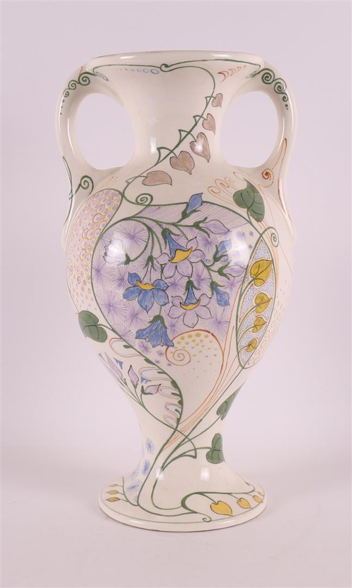 A pottery baluster-shaped vase with handles, ca. 1915.