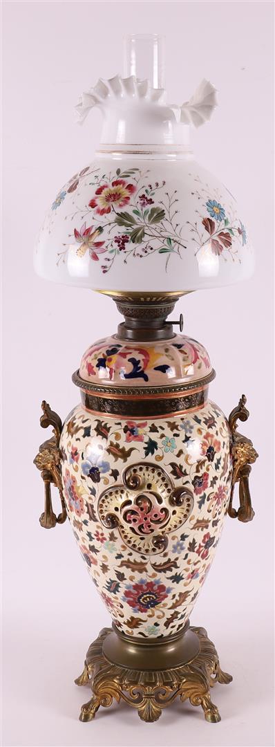 A white metal and earthenware table lamp with frosted glass shade, late 19th cen - Image 3 of 6