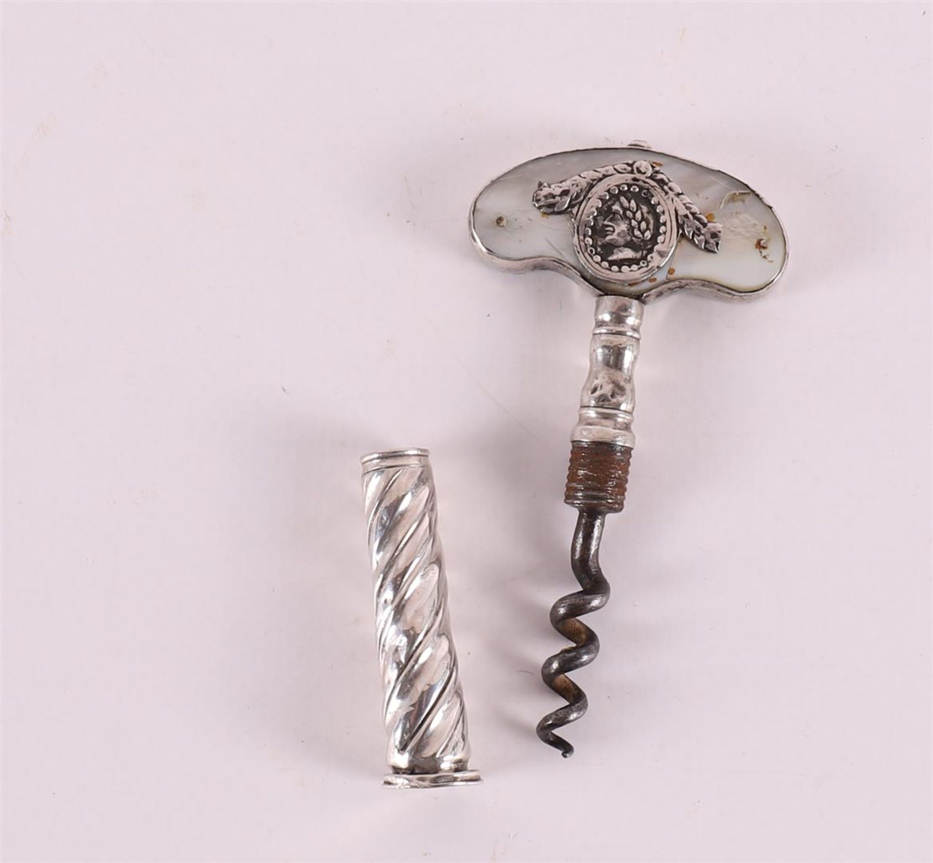 A 2nd grade silver corkscrew with twisted sleeve and inlaid with mother-of-pearl - Image 3 of 3