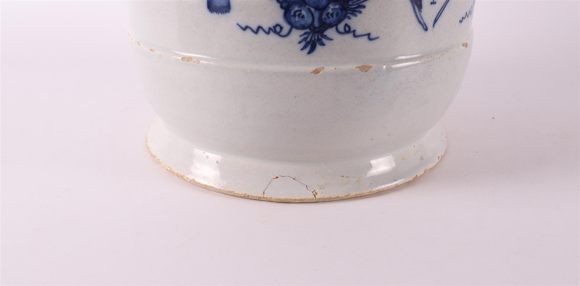 A Delft blue pottery albarello apothecary jar with brass lid, 18th century. - Image 9 of 12