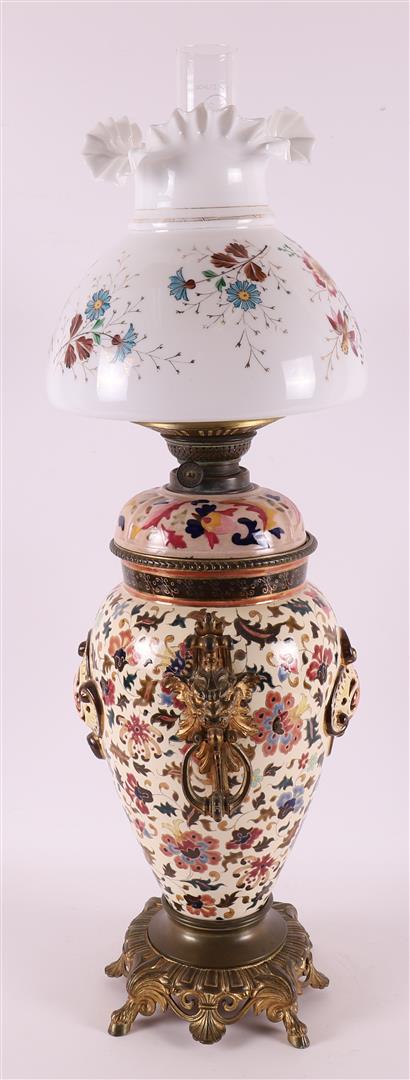 A white metal and earthenware table lamp with frosted glass shade, late 19th cen - Image 4 of 6