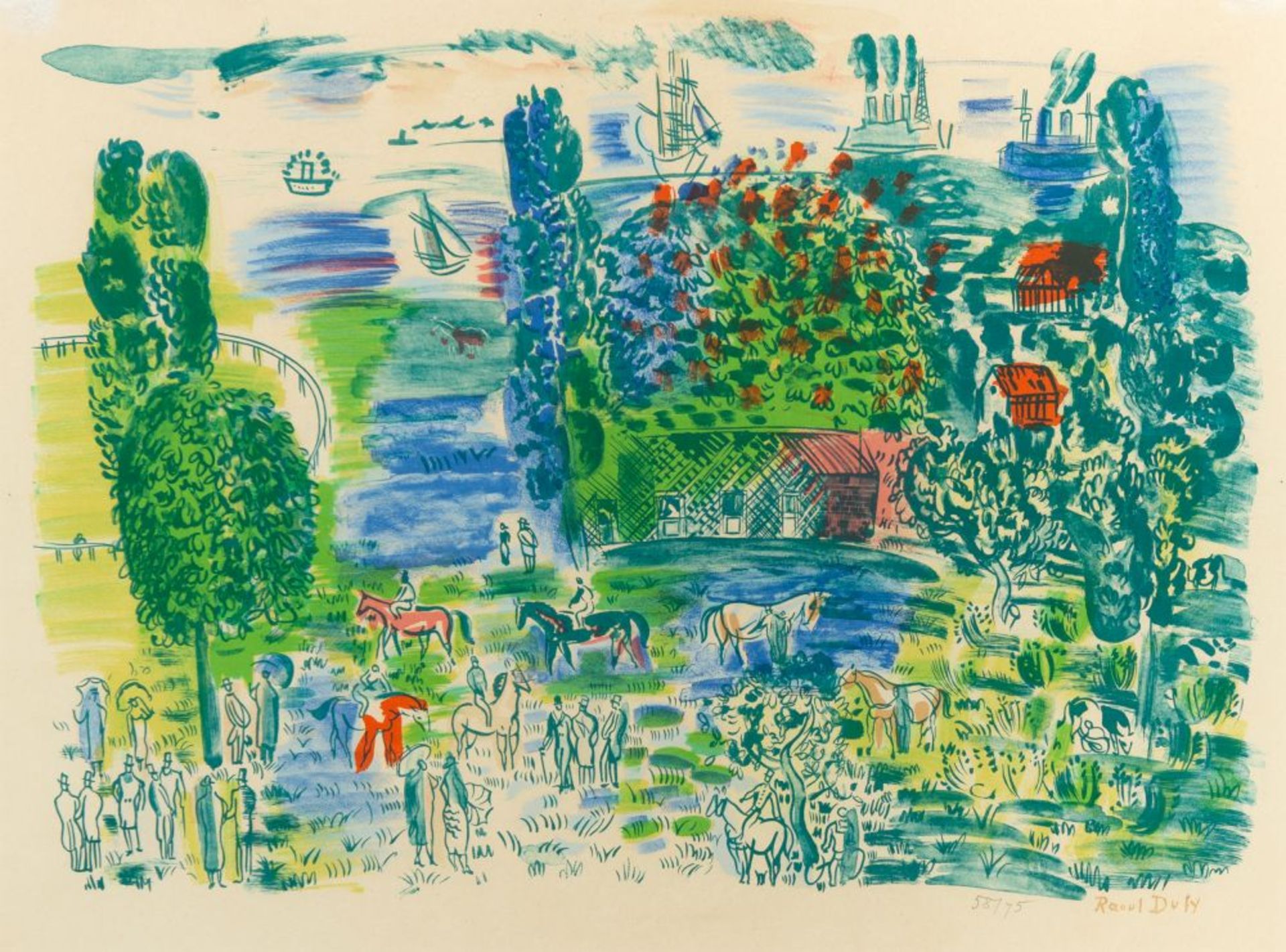 Raoul Dufy. Avant les Courses, Deauville. Um 1935. Farblithographie. Stempelsignatur. Ex. 58/75.