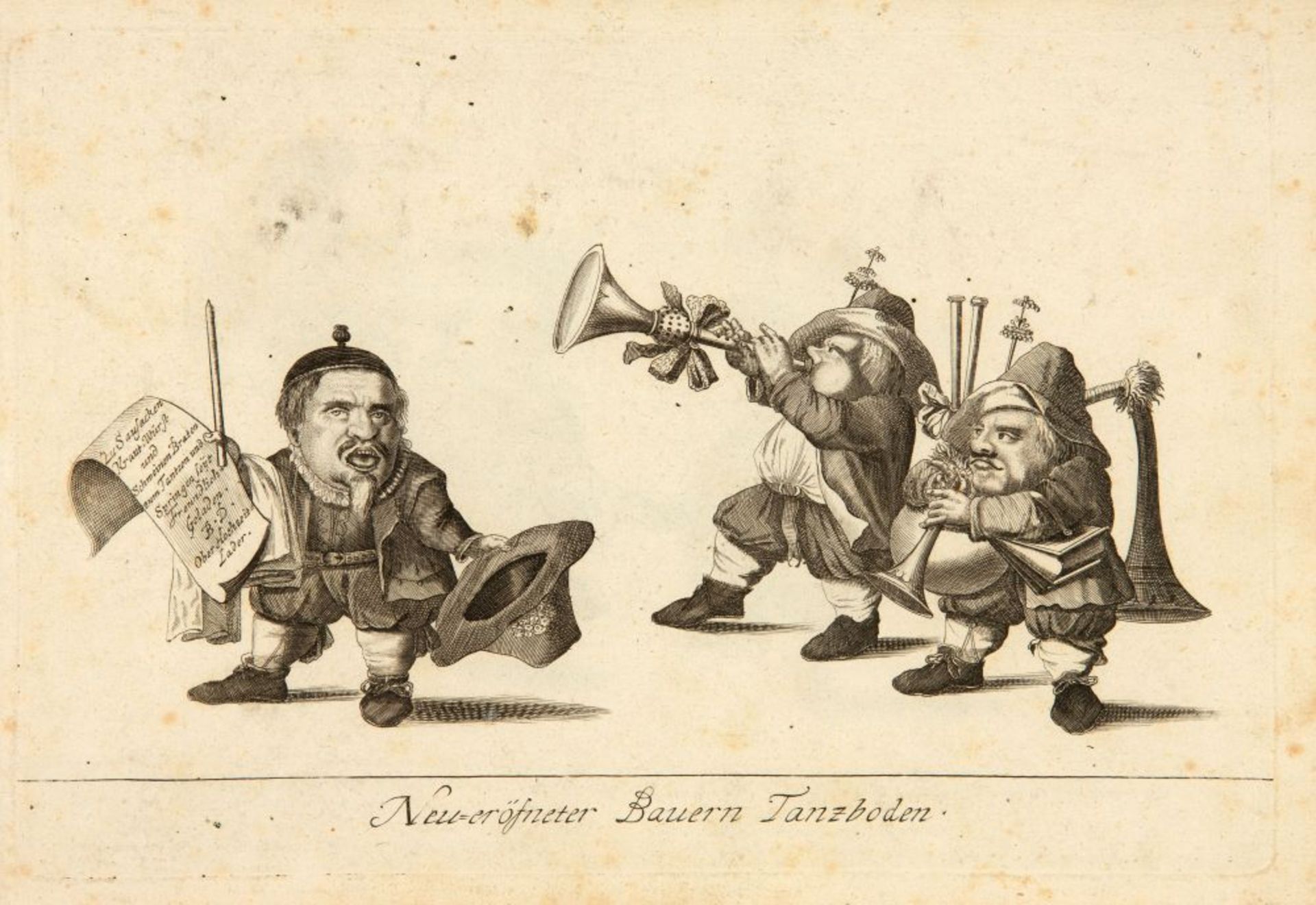 Neu-eröfneter Bauern Tanzboden. Folge von 13 Zwergen Karikaturen. Nürnberg, J. J. Wolrab, um 1720. - Bild 2 aus 3