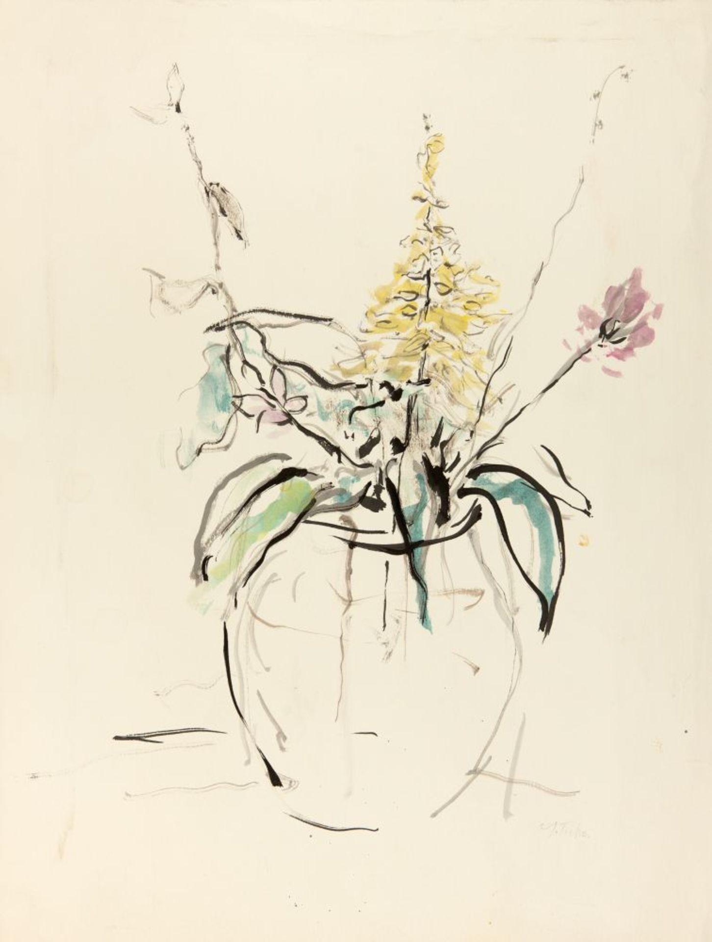 Anne Ticho. Vase mit Blumen. Aquarell und Tusche. Signiert.
