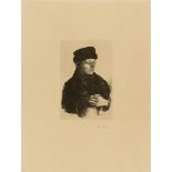 Wilhelm Leibl. Bildnis des Malers Joseph Wopfner / Bauernbursche mit Krug. 2 Blatt Radierungen. Jewe