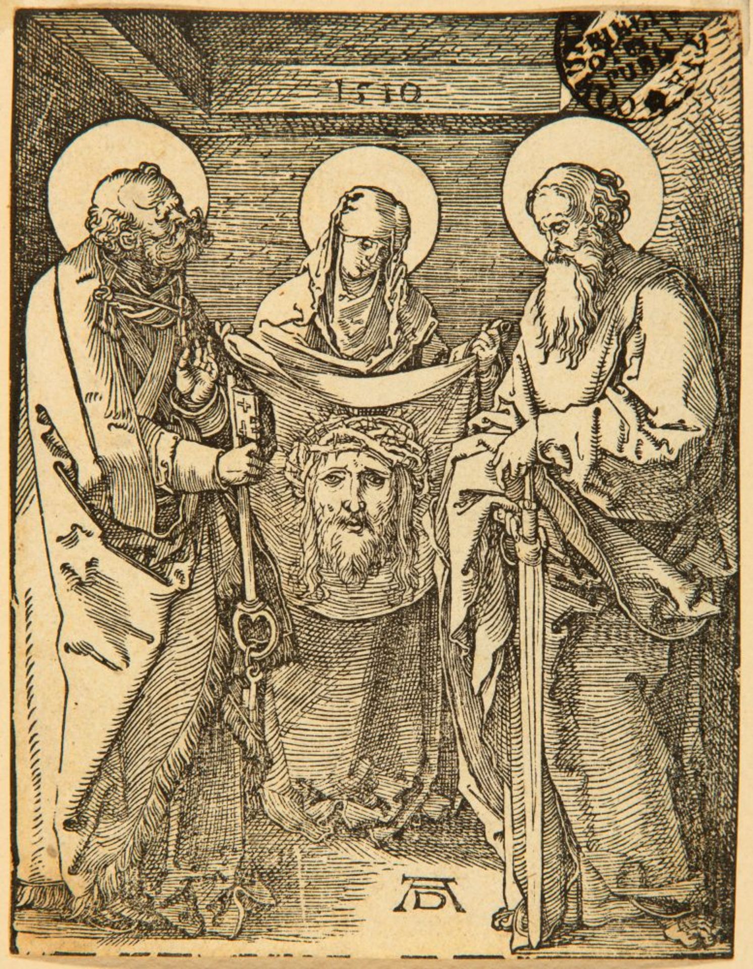 Albrecht Dürer. Veronika zwischen St. Peter und Paul. Um 1510. Aus der kleinen Holzschnitt-Passion.