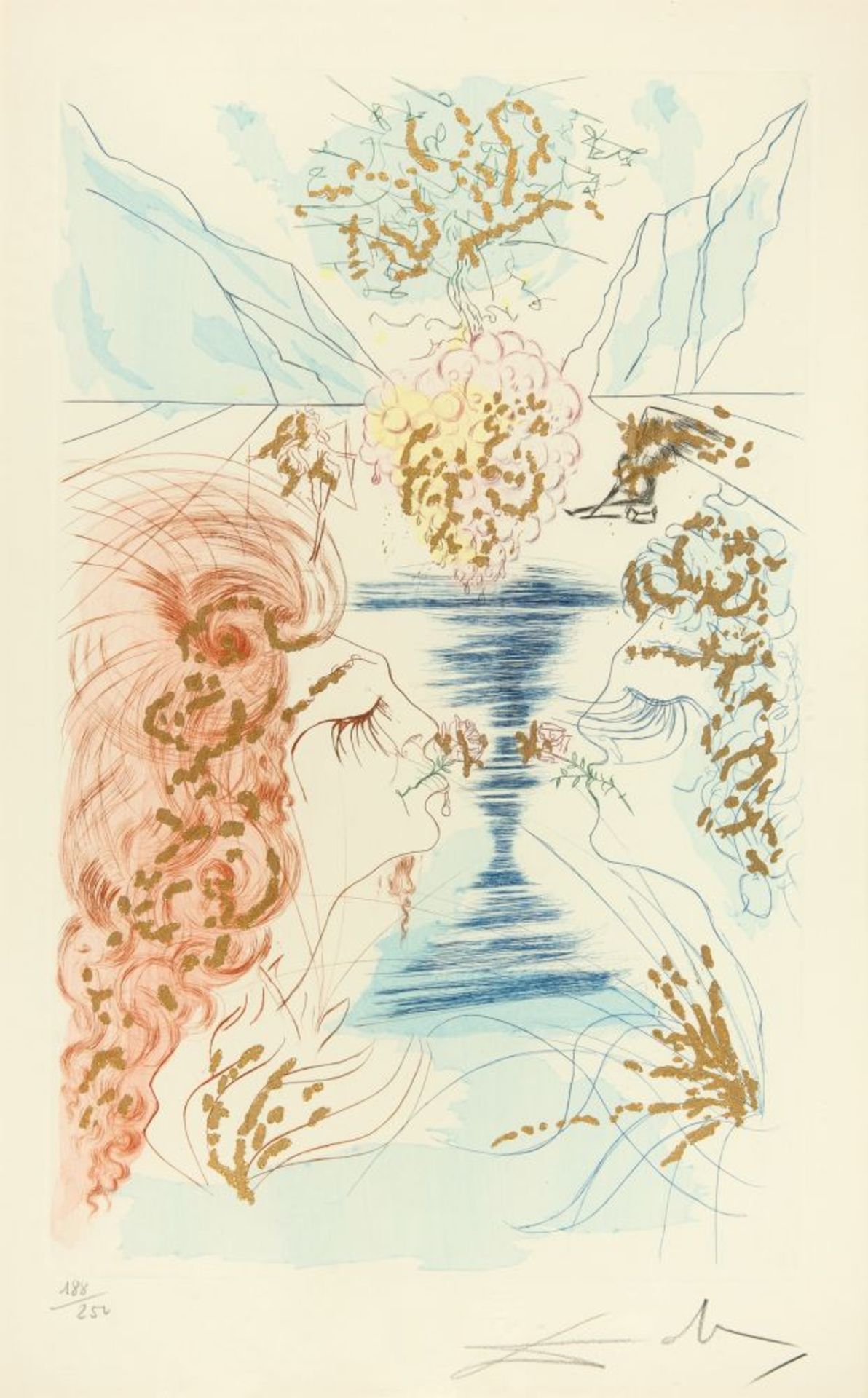 Salvador Dalí. Der Kuss (aus: Das Hohe Lied des Salomon). 1971. Farbradierung. Signiert. Ex. 188/250
