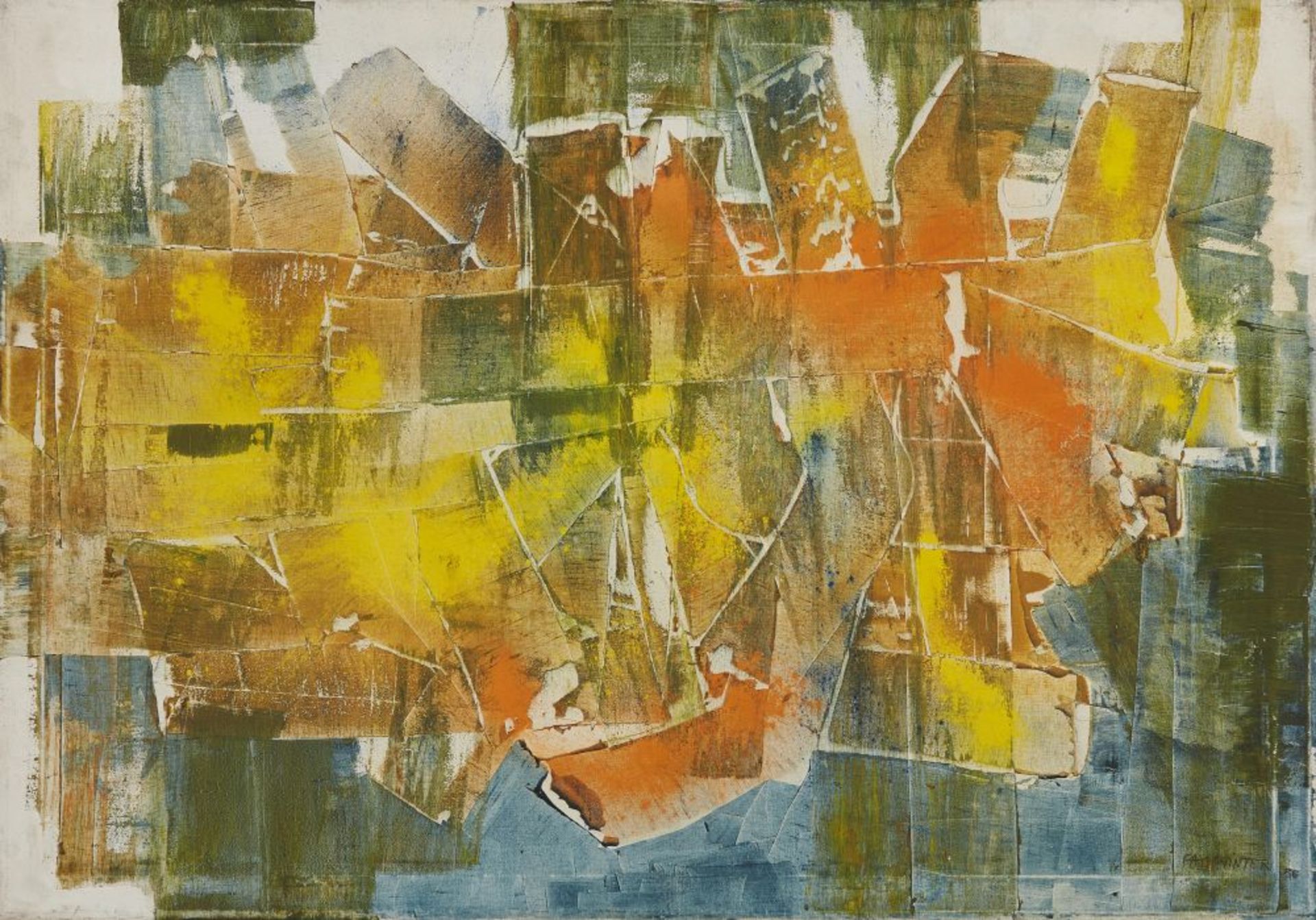 Fred Fathwinter. Spachtelbild Gelb-Blau-Orange. 1956. Mischtechnik mit Spachtel, Öl auf Leinwand. Si