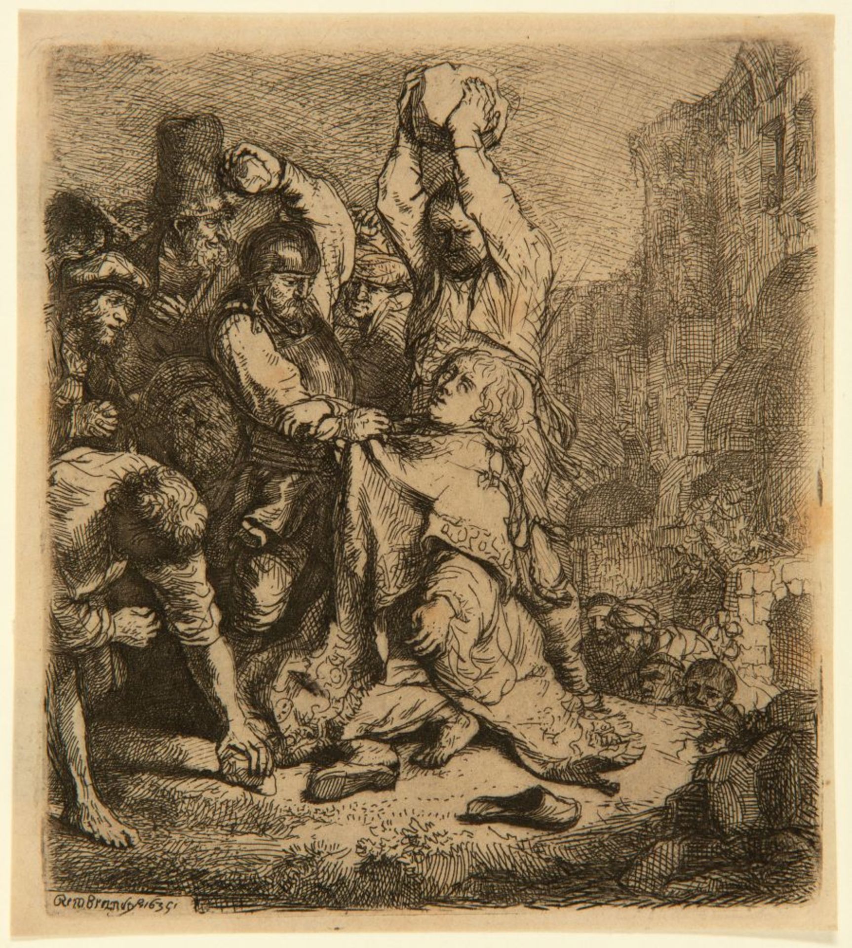 Rembrandt. Die Steinigung des heiligen Stephanus. 1635. Radierung. New Hollstein 140 IV (von IV); Ba