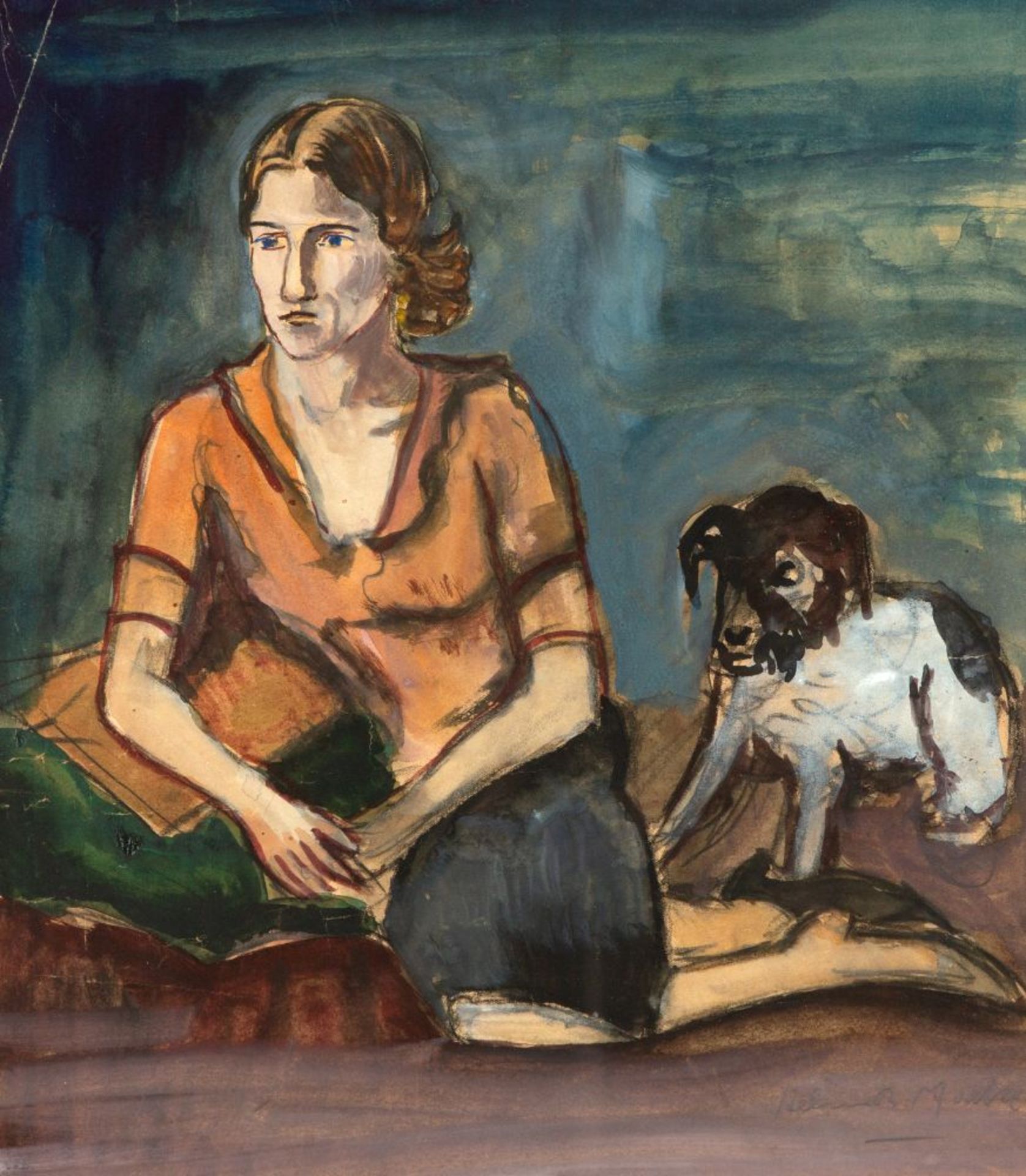 Helmuth Macke. Junge Frau mit Hund. Aquarell. Signiert.