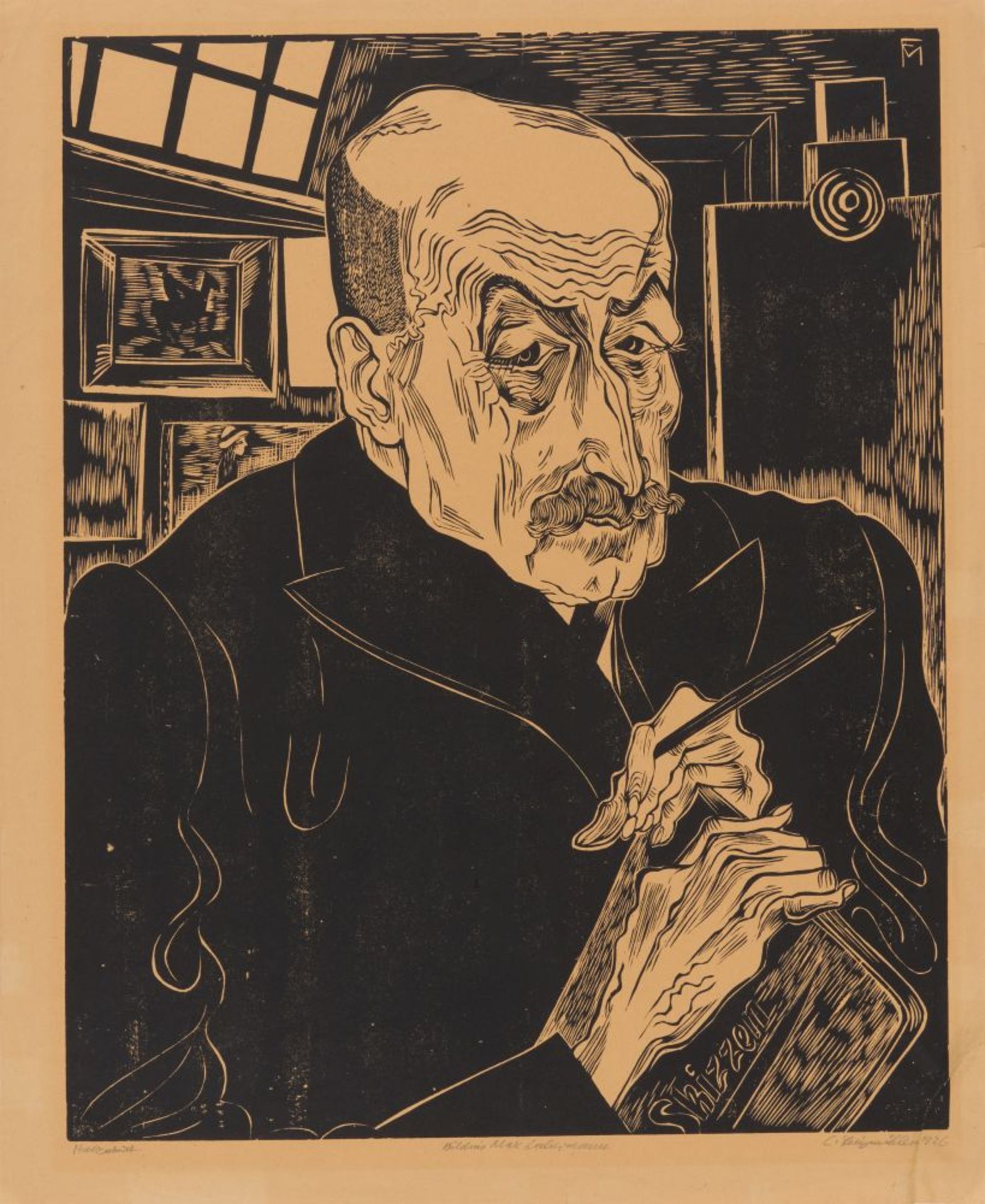 Conrad Felixmüller. Bildnis Max Liebermann. 1926. Holzschnitt. Signiert. Söhn 366, wohl a.
