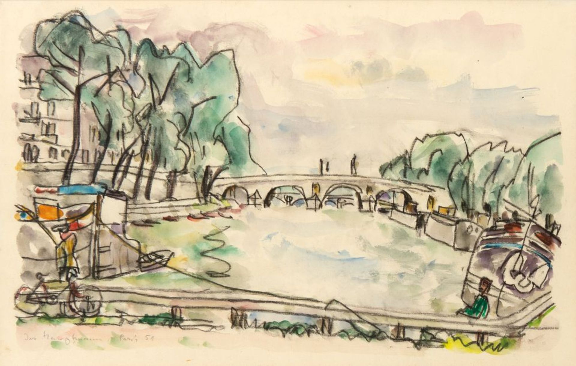 Ivo Hauptmann. Paris, Seinebrücken. 1951. Aquarell. Signiert, datiert und bezeichnet.