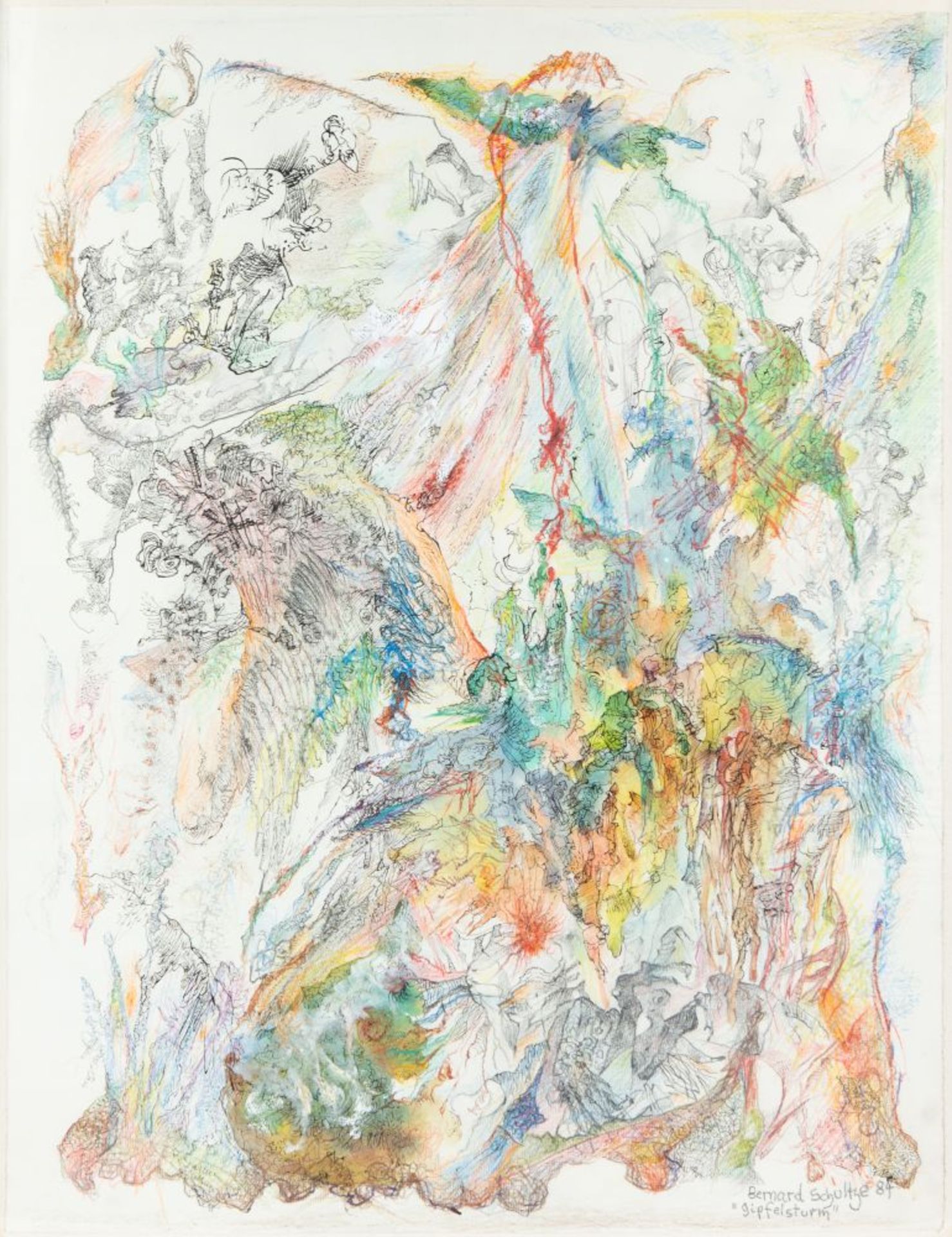 Bernhard Schultze. Gipfelsturm. 1984. Mischtechnik mit Aquarell, Farbkreide und Feder. Signiert, dat