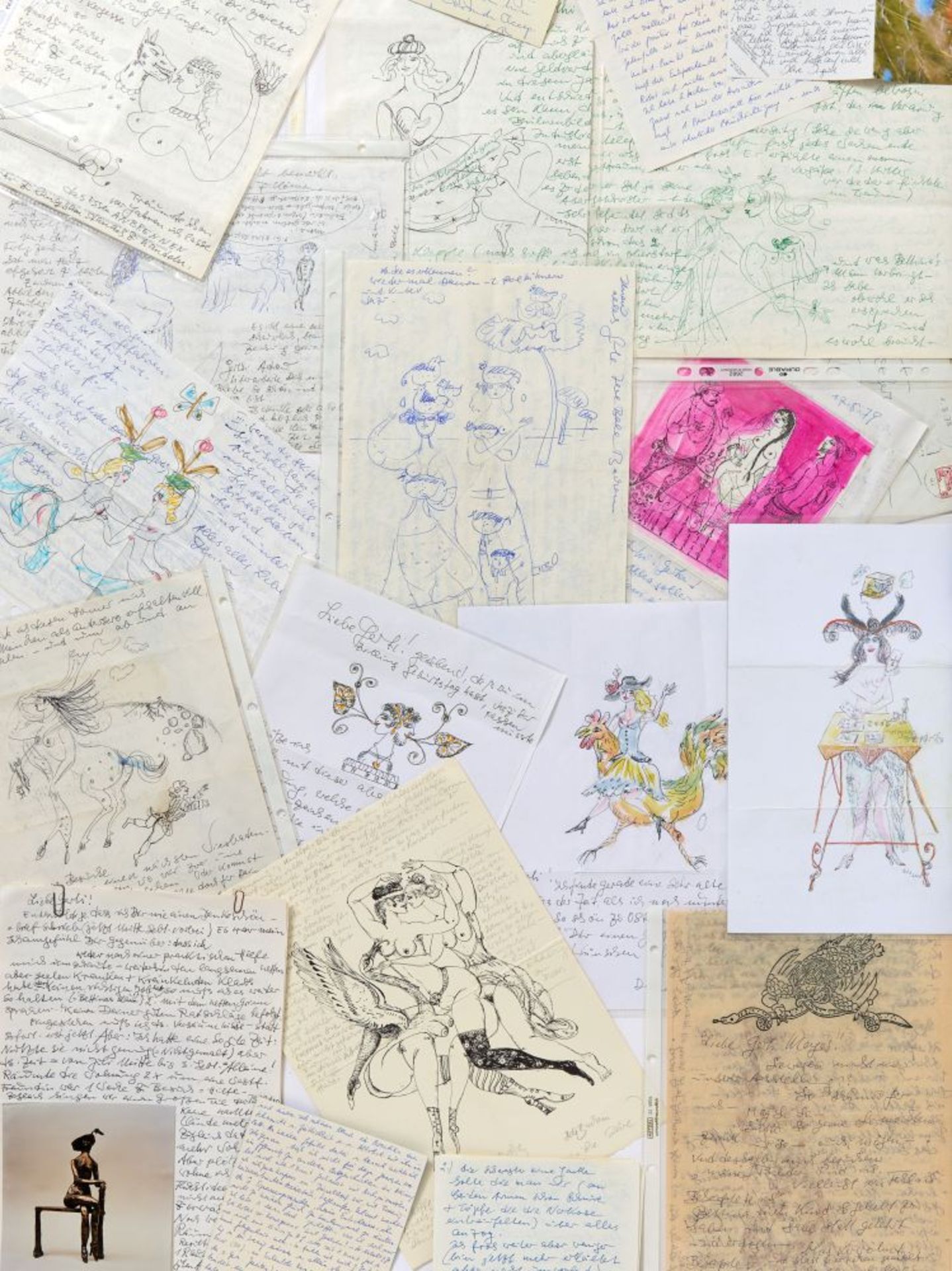 Bele Bachem, 40 eigh. Briefe, Karten, t. mit Zeichnungen. Von ca. 1974 bis um 2003. - An Gertrude Me - Bild 10 aus 12
